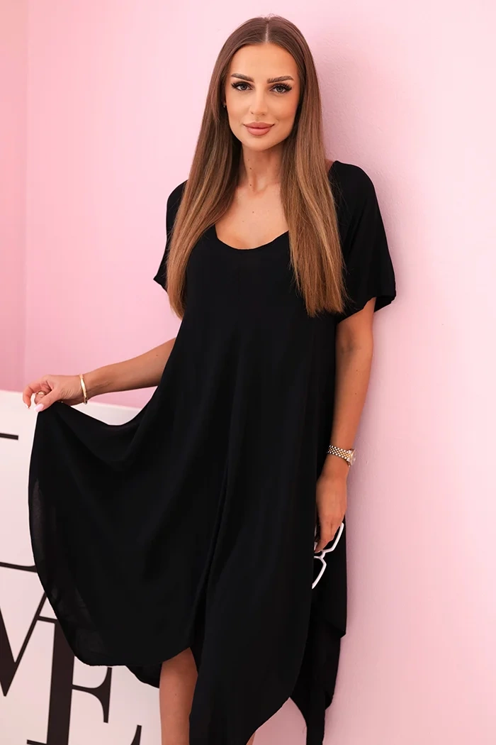 Kesi Włoski Damenkleid aus Viskose mit kurzen Ärmeln und ausgestelltem Saum black