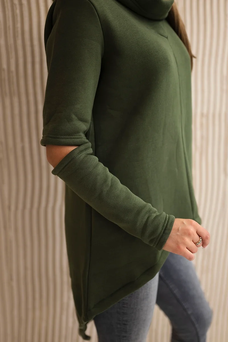 Insulated sweatshirt with a longer back in khaki color