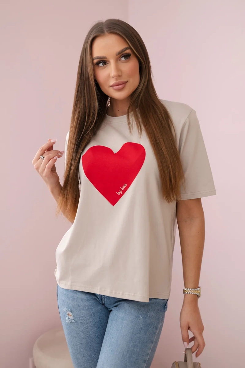 Cotton blouse with beige heart print