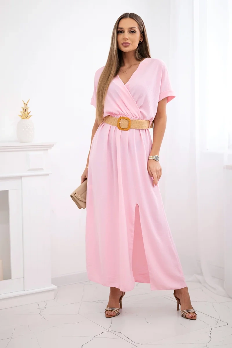 Kesi Włoski Long dress with a decorative belt candy pink