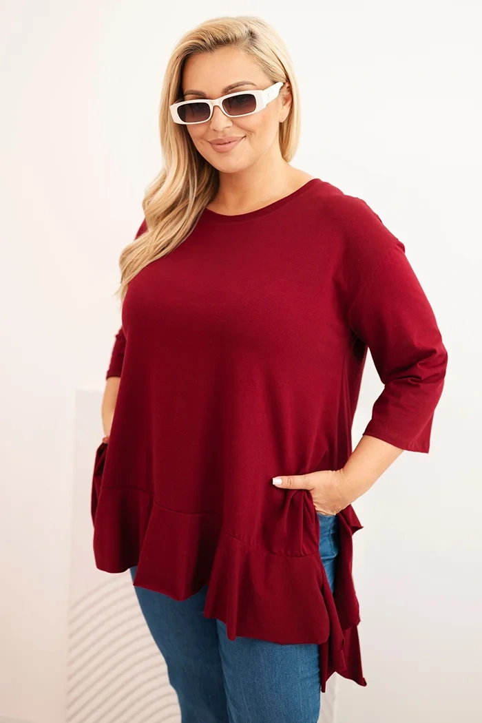 Kesi Włoski Dámska blúzka Plus Size s bavlnou, volánom a vyhrnutým rukávom bordová