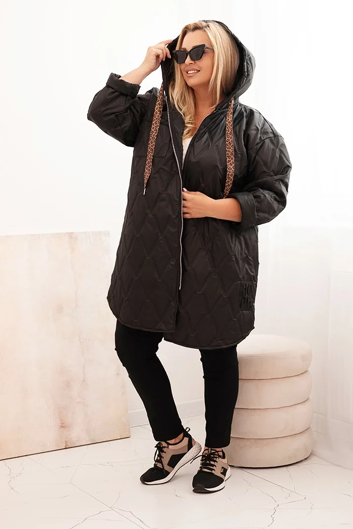 Kesi Włoski Plus Size women's quilted jacket with a hood and the word HOPE black