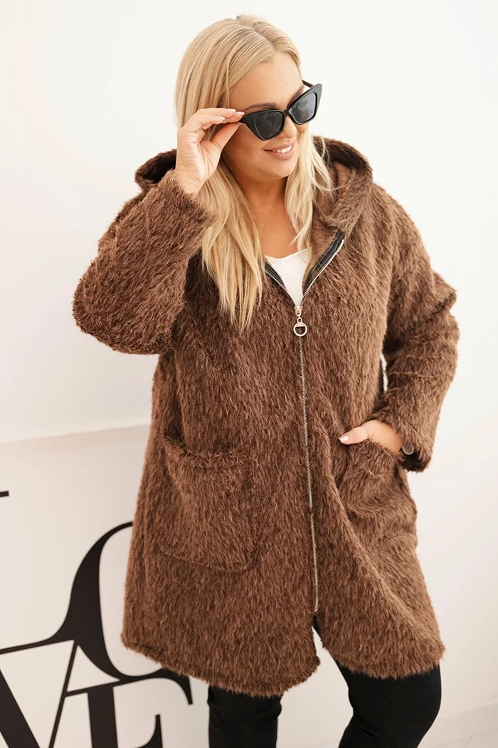 Kesi Włoski Dámsky kabát Plus Size z viskózy na zips s kapucňou hnedý
