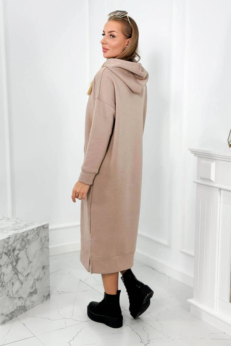 Long dress with a hood in dark beige color