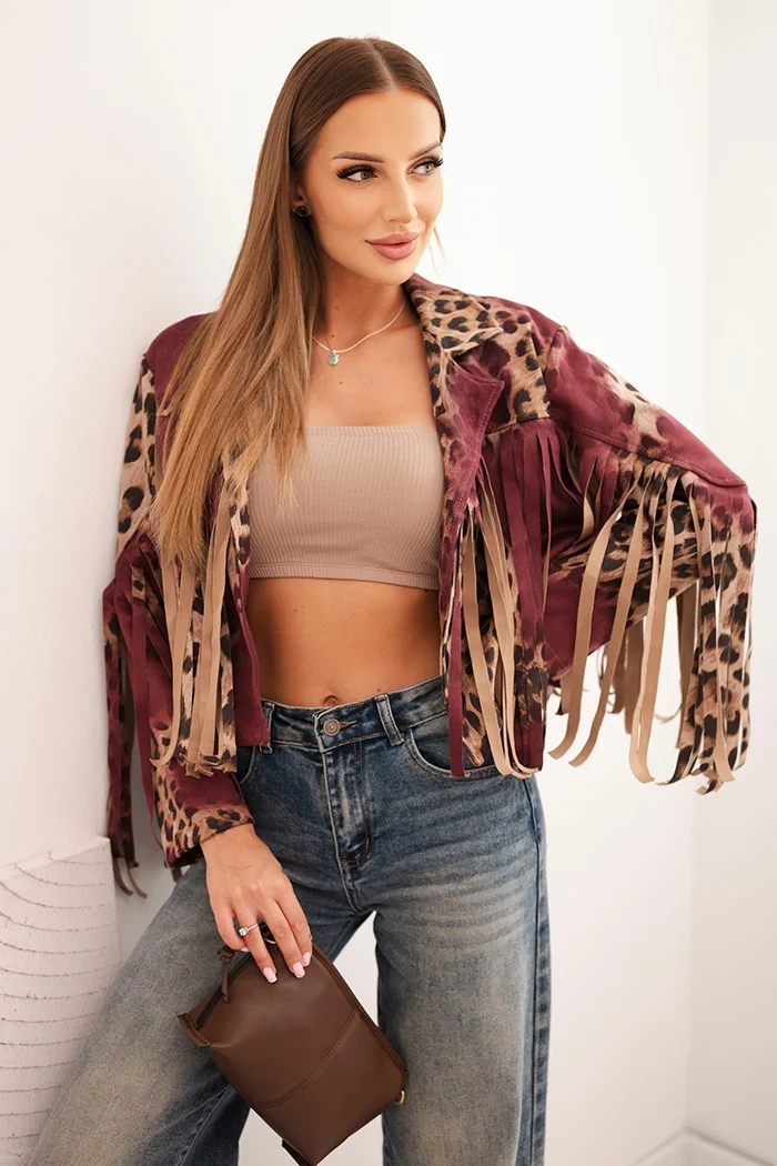 Kesi Włoski Womens suede jacket with leopard print and fringes burgundy