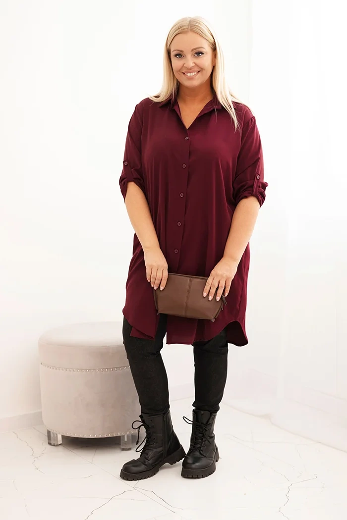 Kesi Włoski Plus Size women&#039;s shirt dress with a longer back and rolled-up sleeve plum