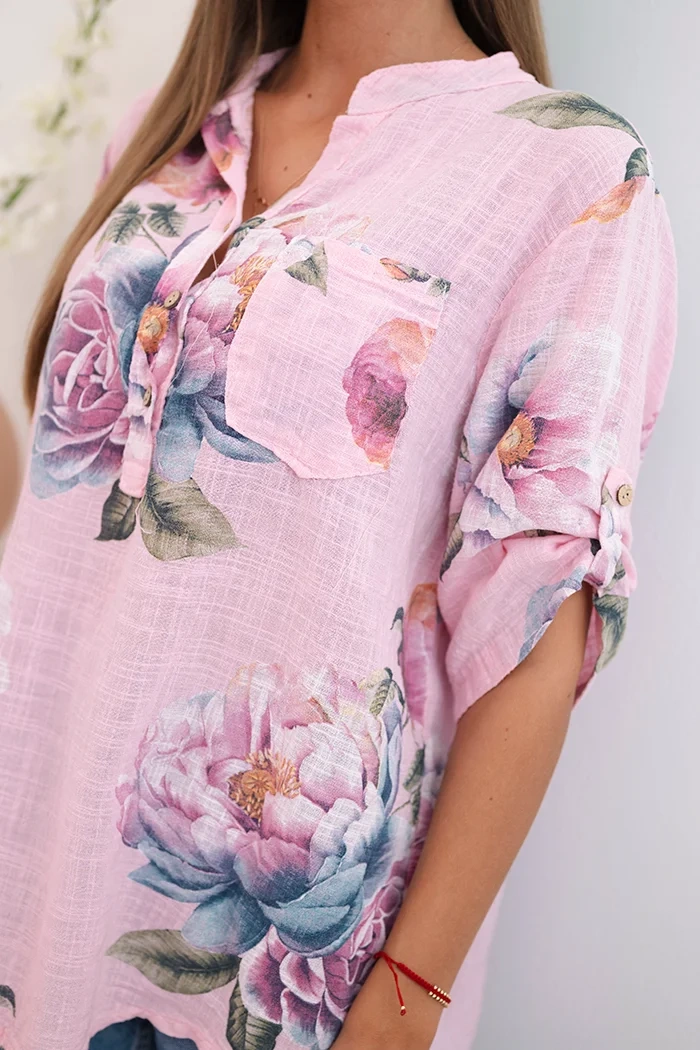 Kesi Włoski Women's cotton blouse with a floral pattern candy pink