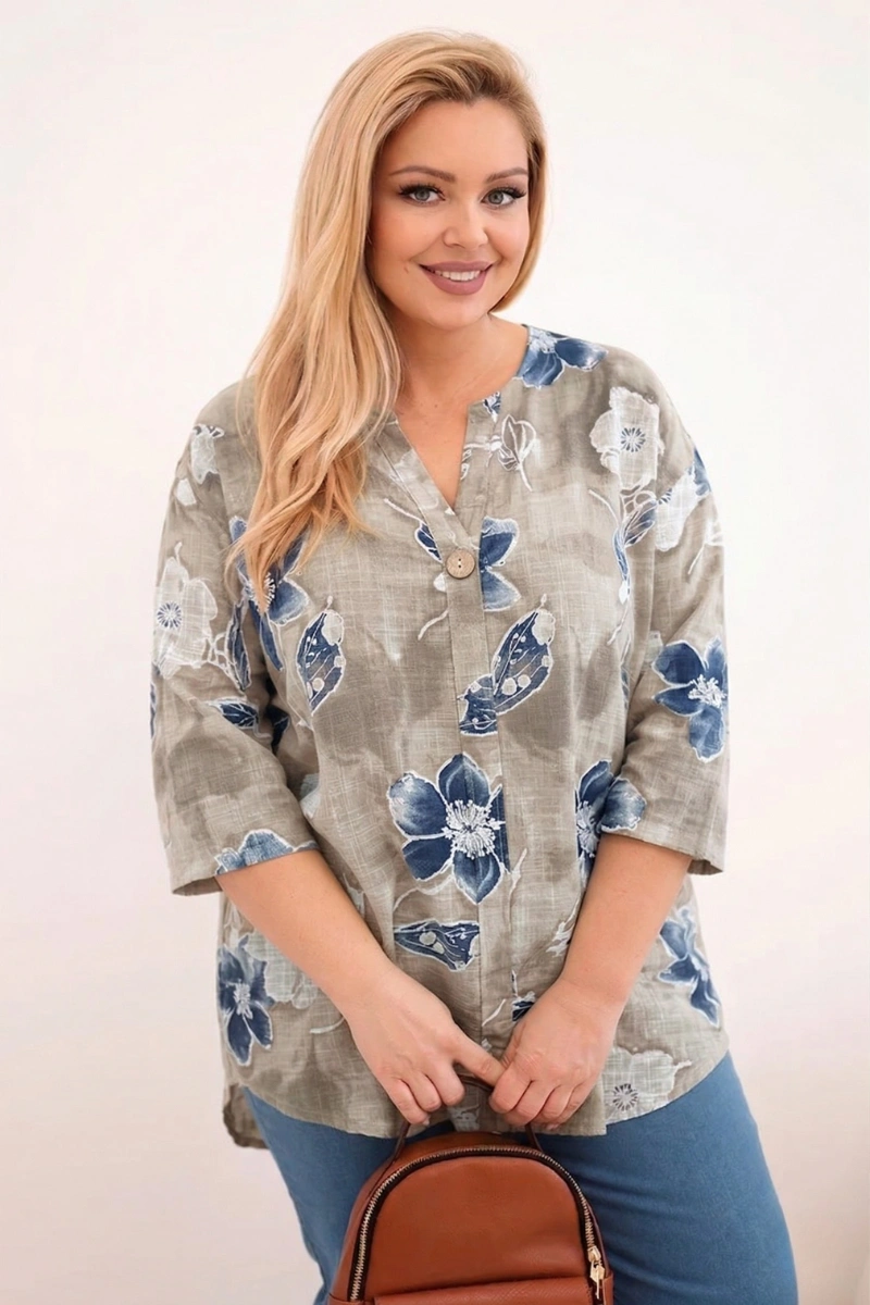 Дамска блуза Kesi с големи размери и флорален мотив, бежова