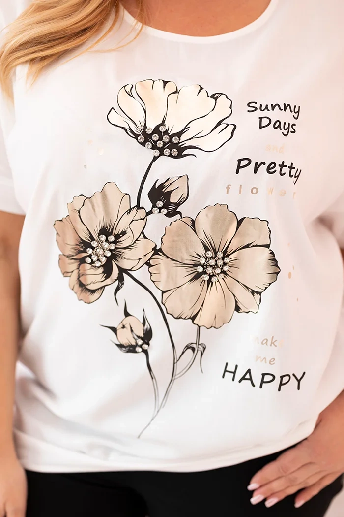 Kesi Włoski Plus Size women's blouse made of viscose with floral print and inscription ecru