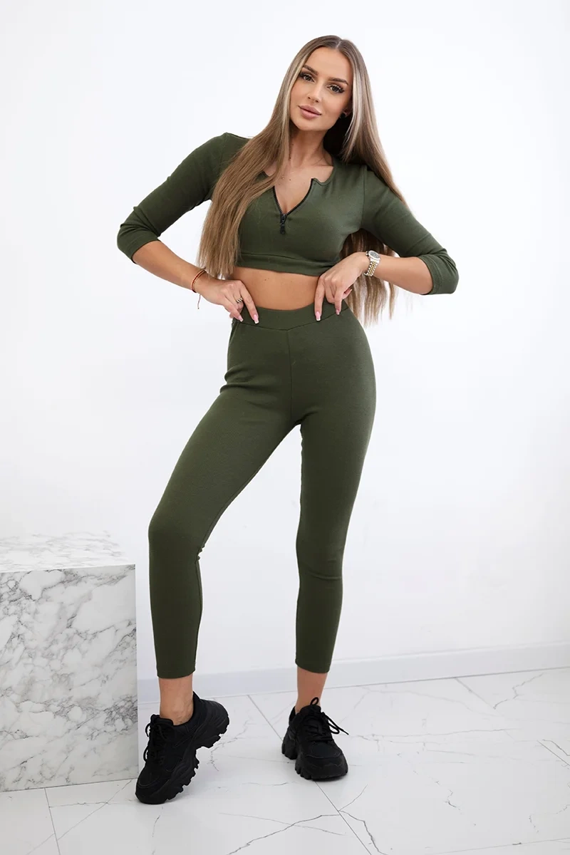 Ribbed crop top set in khaki color