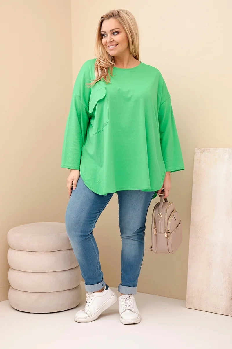 Kesi Włoski Dámska blúzka Plus Size s bavlnou, s vreckom a s podhodeným rukávom svetlozelená