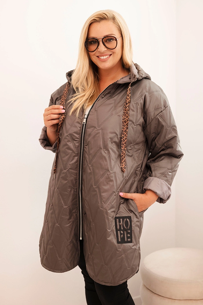 Kesi Włoski Womens Plus Size quilted jacket with a hood and the inscription HOPE cappuccino