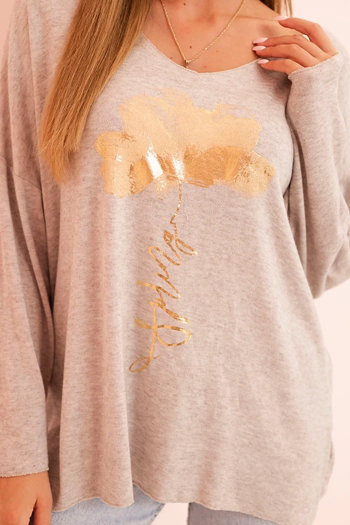 Kesi Włoski Women's viscose long-sleeve blouse with gold floral print beige melange