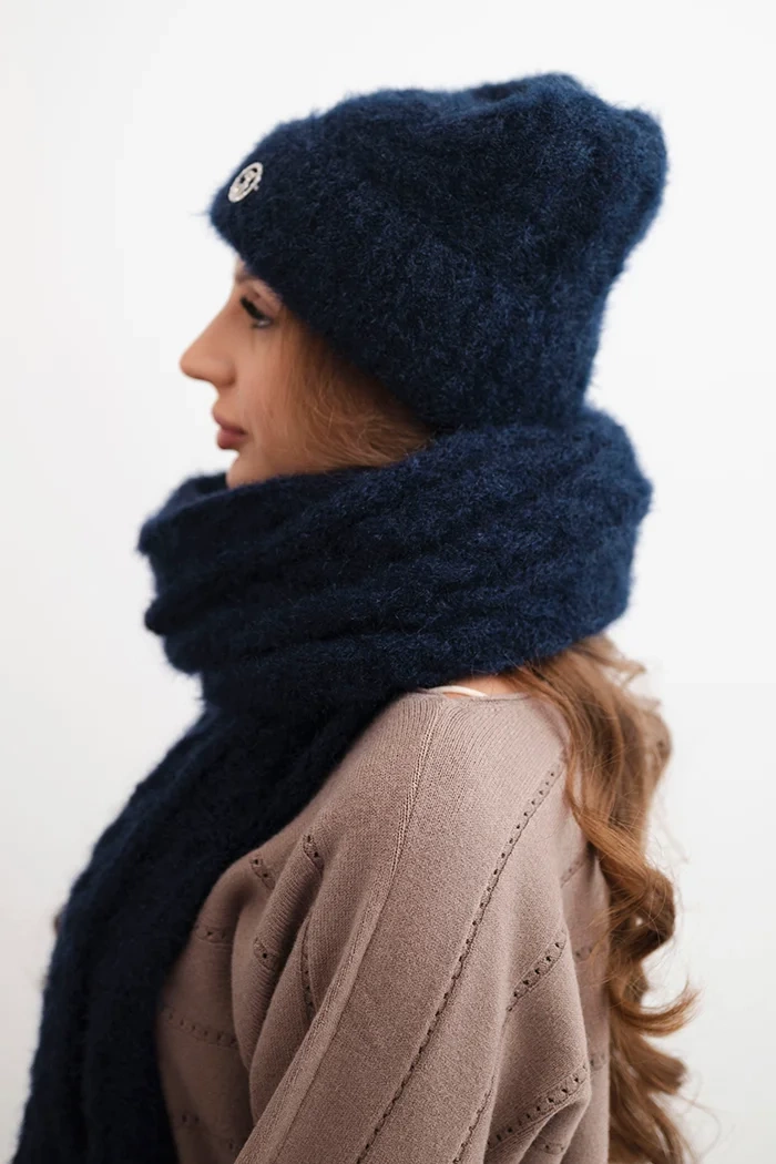 Kesi Women&#039;s set hat and scarf ribbed with decoration navy blue