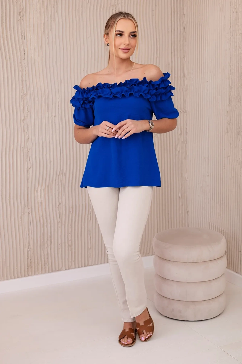 Spanish blouse with a small ruffle cornflower blue