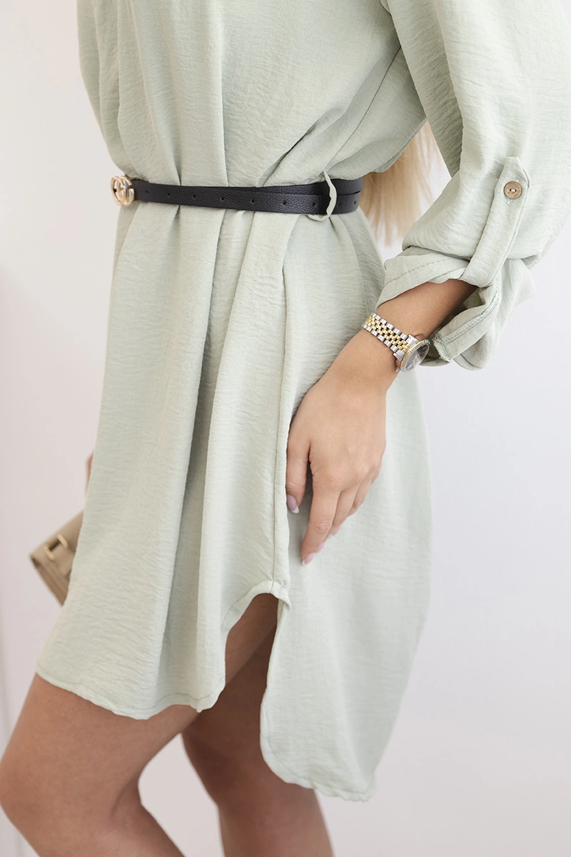 Women&#039;s dress with a longer back and belt - dark mint