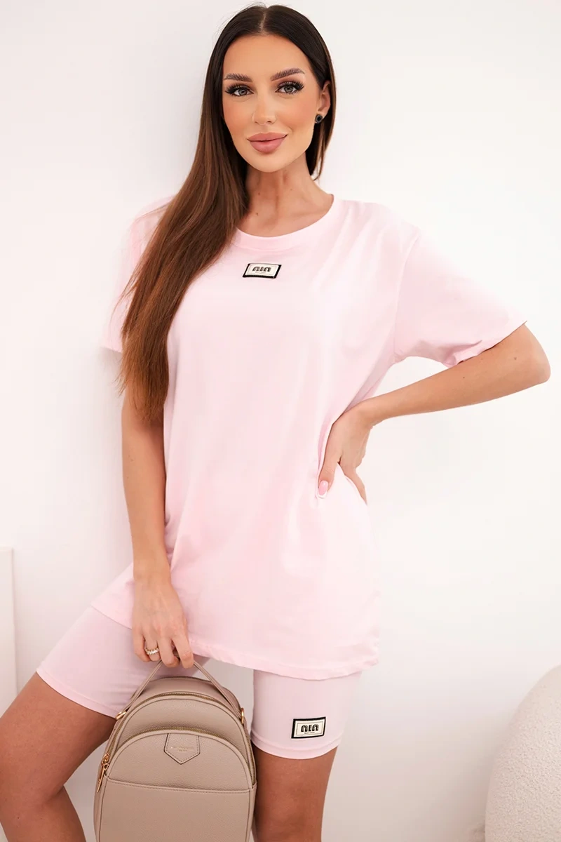 Дамски комплект от къса тениска и шорти Kesi в розово