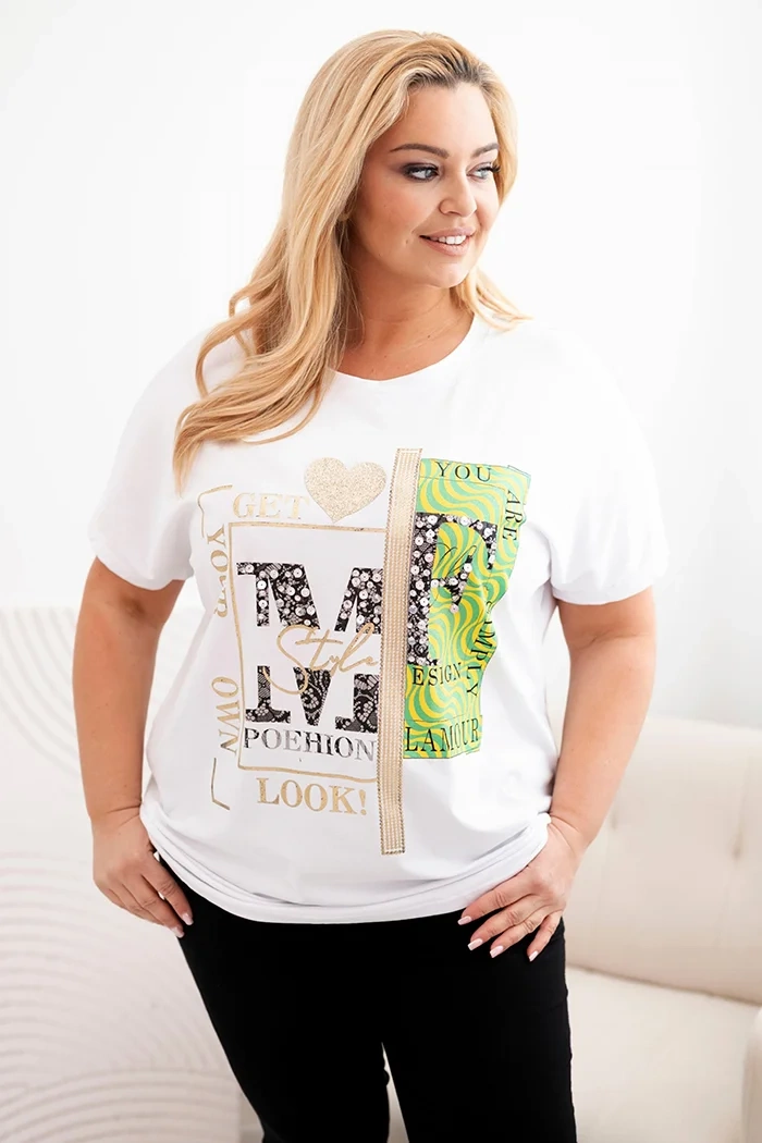 Kesi Włoski Womens cotton Plus Size blouse with print and sequins white + green