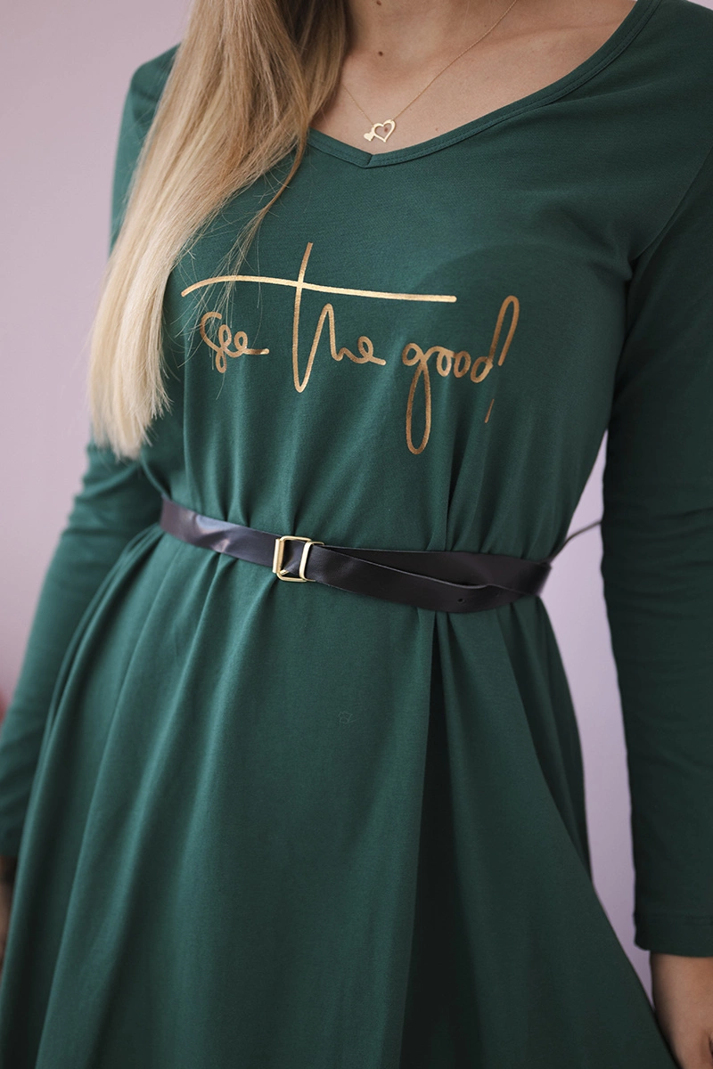 Dress with decorative belt and inscription dark green