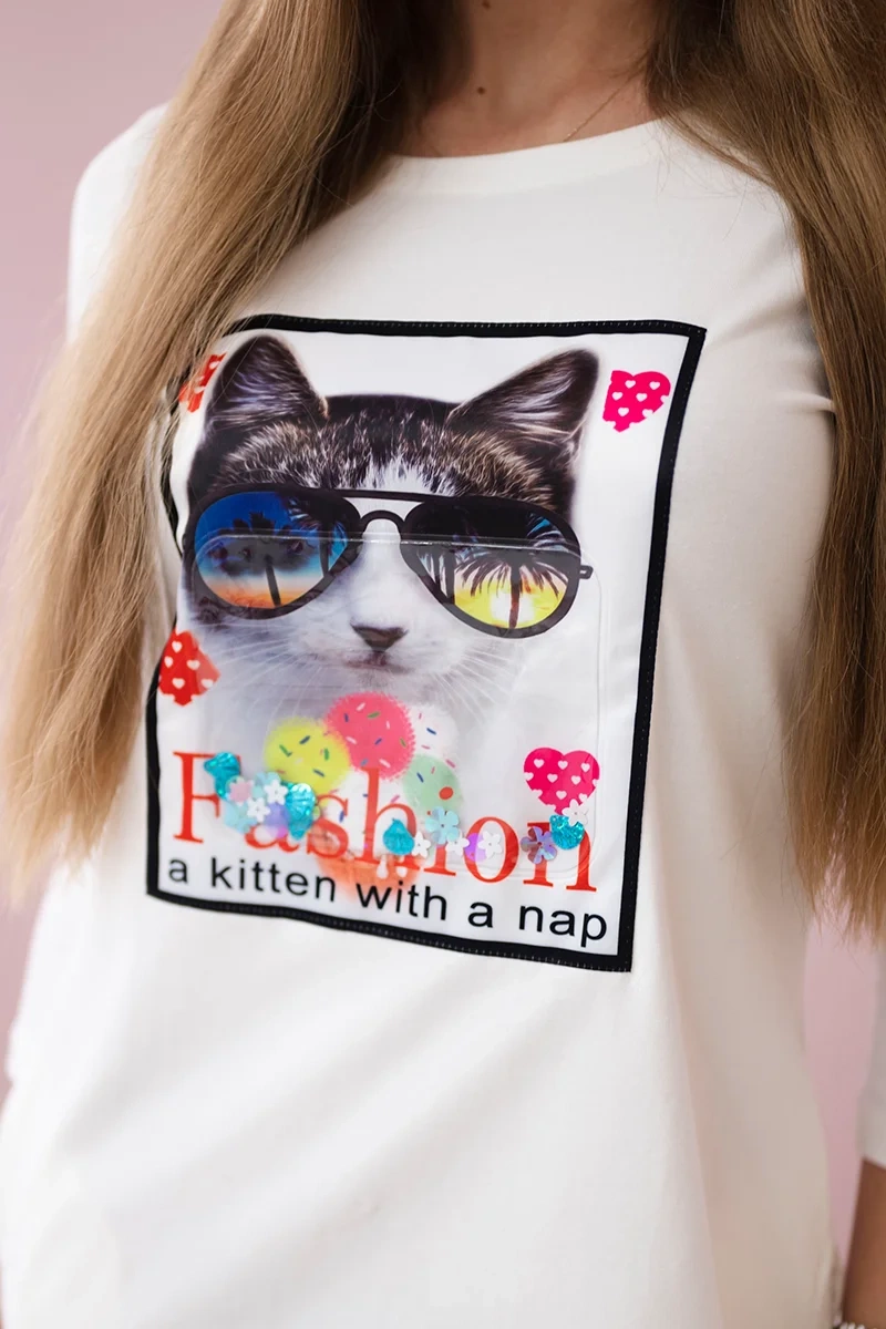 Dress with cat graphics 3D ecru