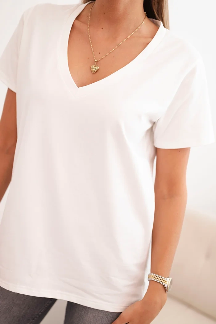 Polski Women's cotton blouse with a V-neck and short sleeves ecru