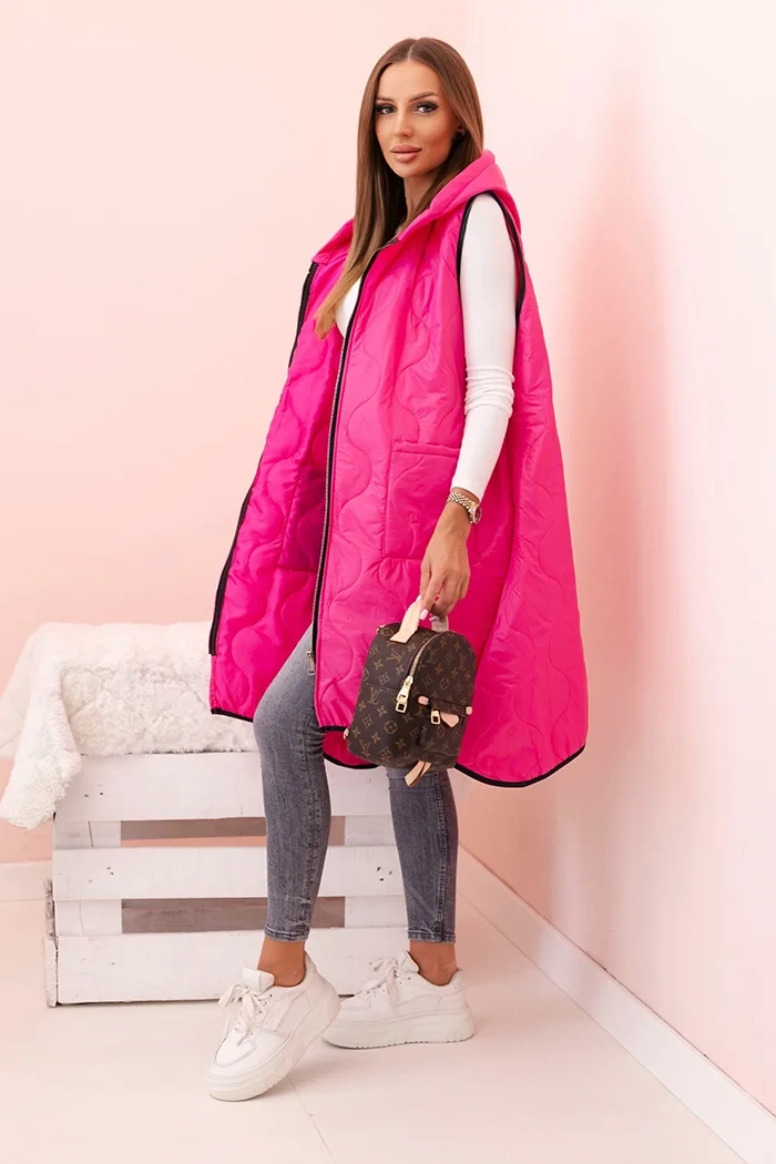 Kesi Włoski Dámska prešívaná vesta Plus Size s kapucňou na zips ružová