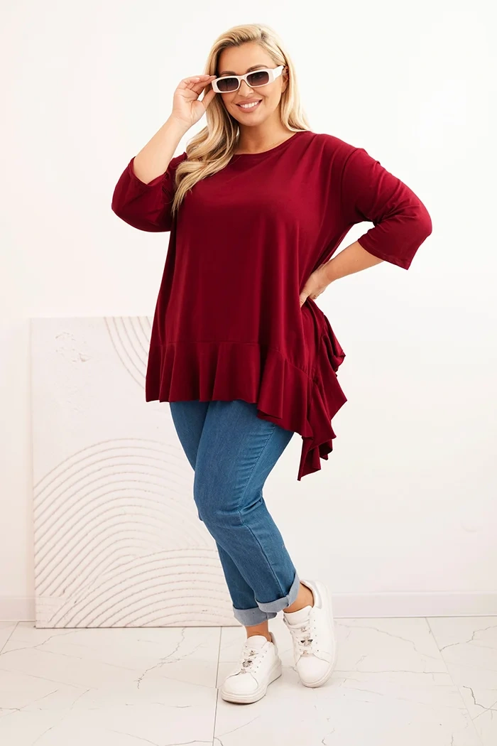 Kesi Włoski Dámska blúzka Plus Size s bavlnou, volánom a vyhrnutým rukávom bordová