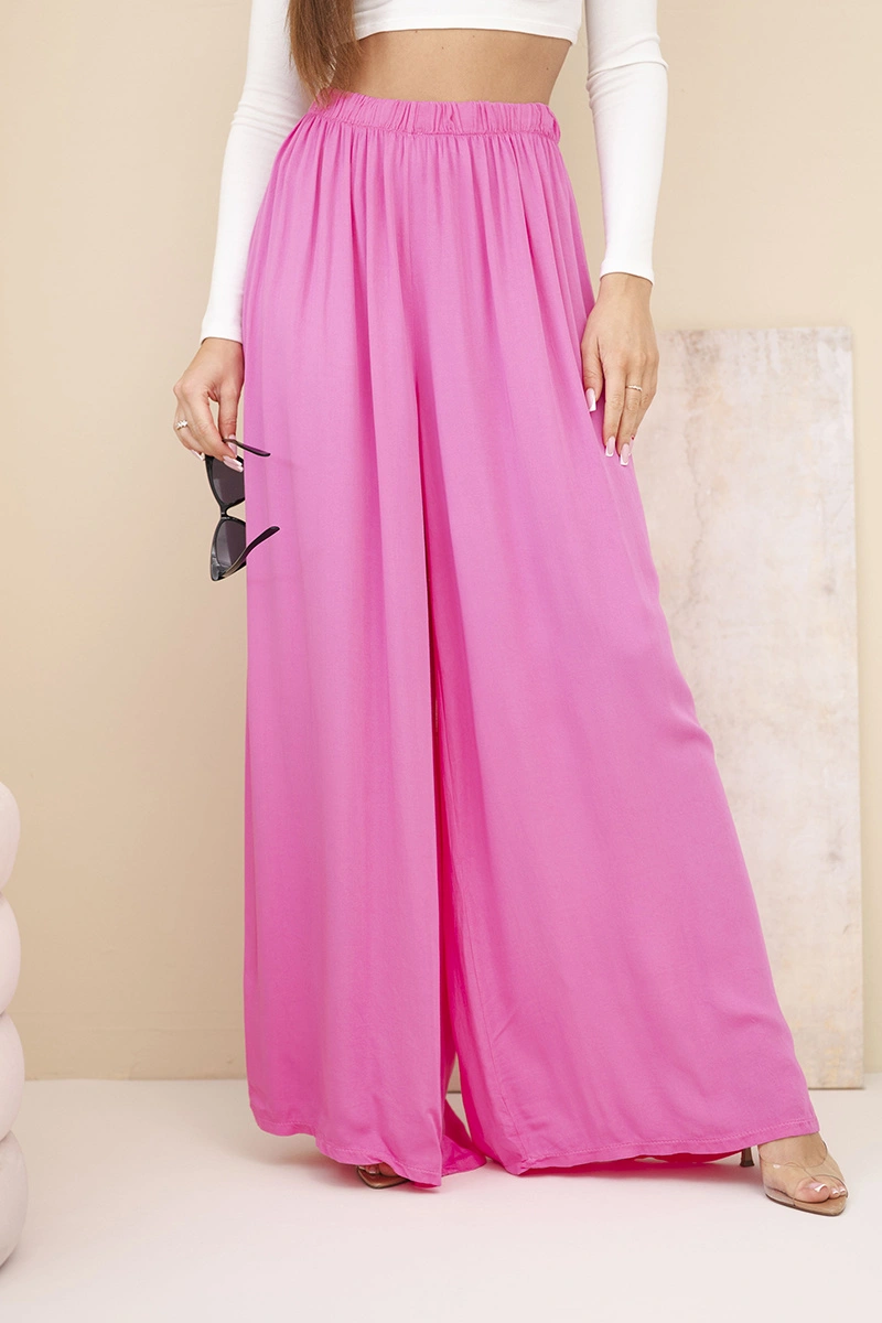 Дамски широки вискозен панталони с еластична талия, розови