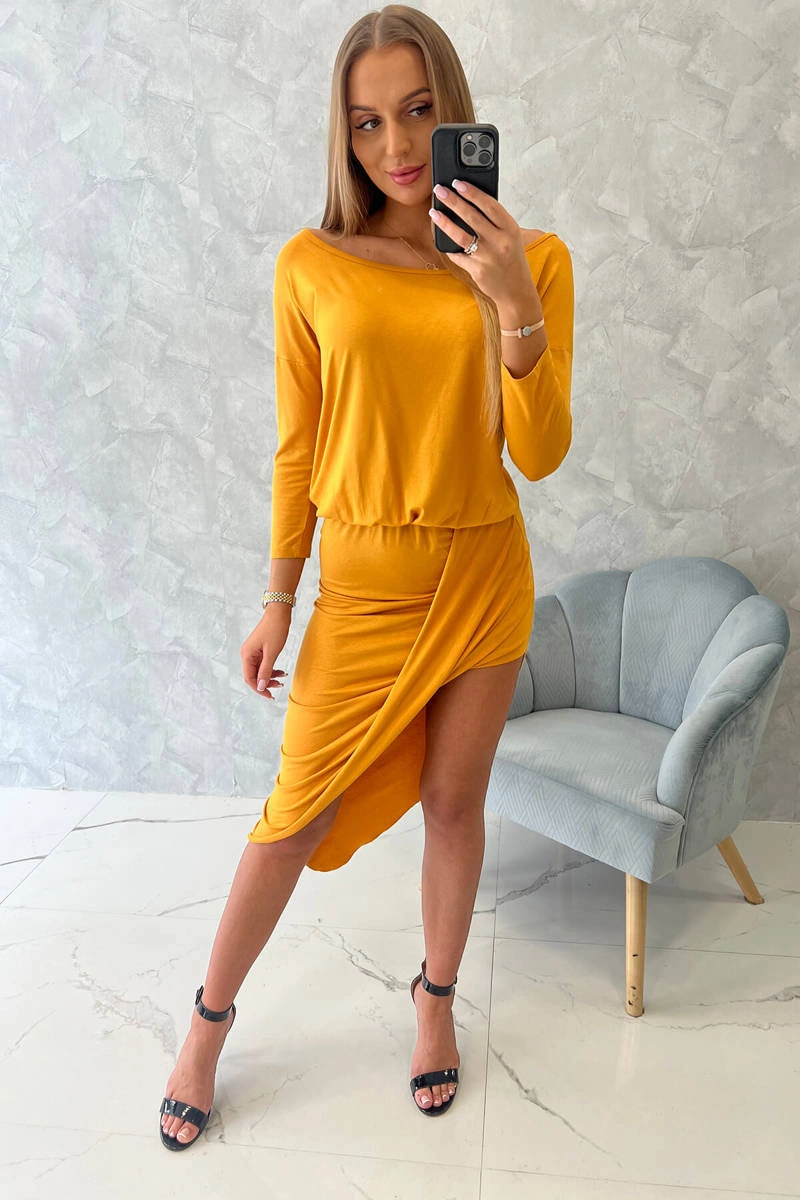 Asymmetrical dress, 3/4 mustard sleeve