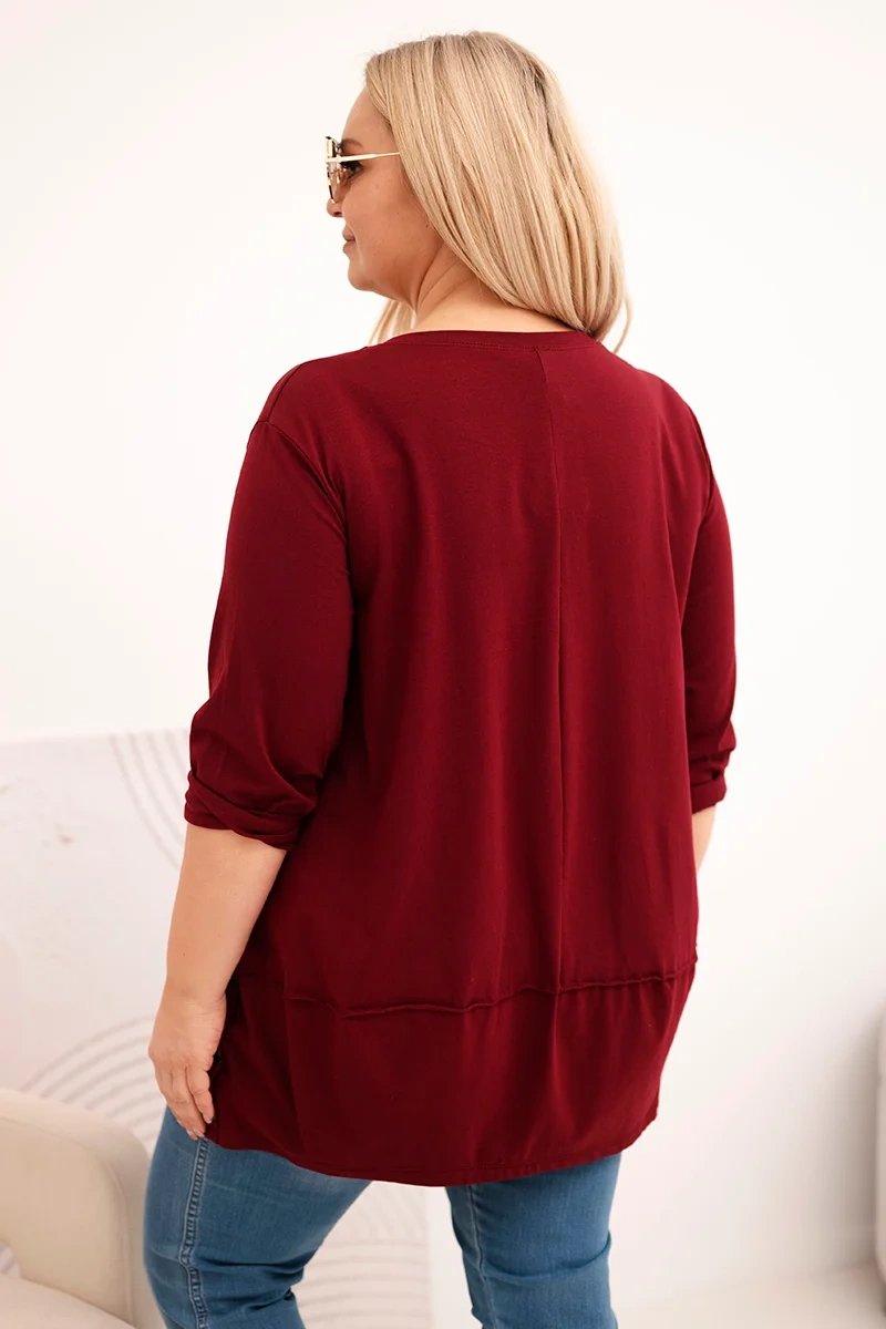 Kesi Dámska blúzka Plus Size z bavlny s ozdobnými gombíkmi a vyhrnutými rukávmi bordová