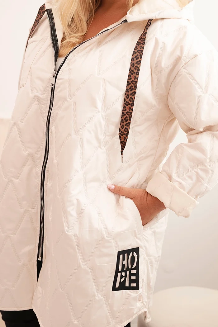 Kesi Włoski Plus Size women's quilted jacket with a hood and the inscription HOPE light beige
