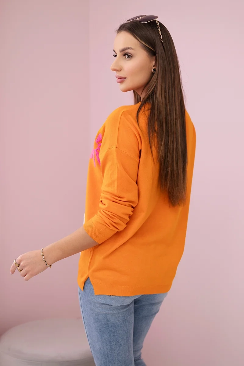 Sweater blouse with orange floral pattern