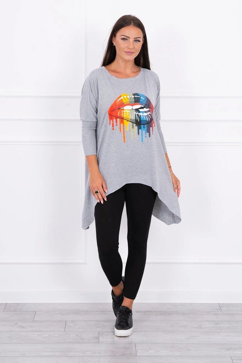 marka niezdefiniowana Blouse oversize with rainbow lips print gray