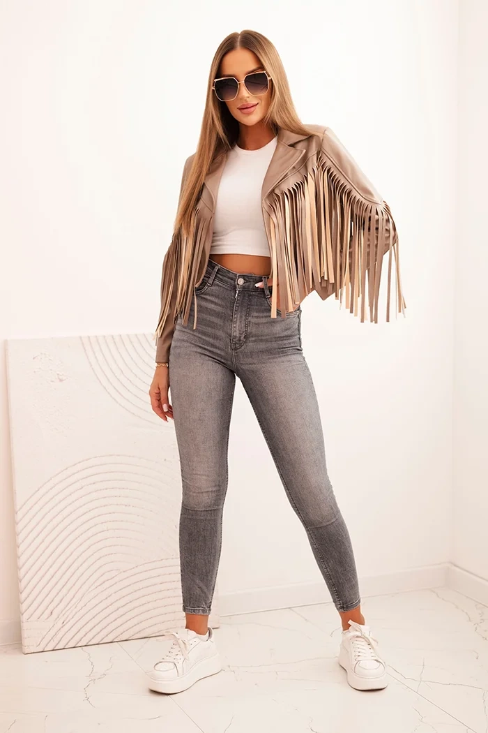 Kesi Włoski Women's jacket made of eco-leather with fringes in boho style fango