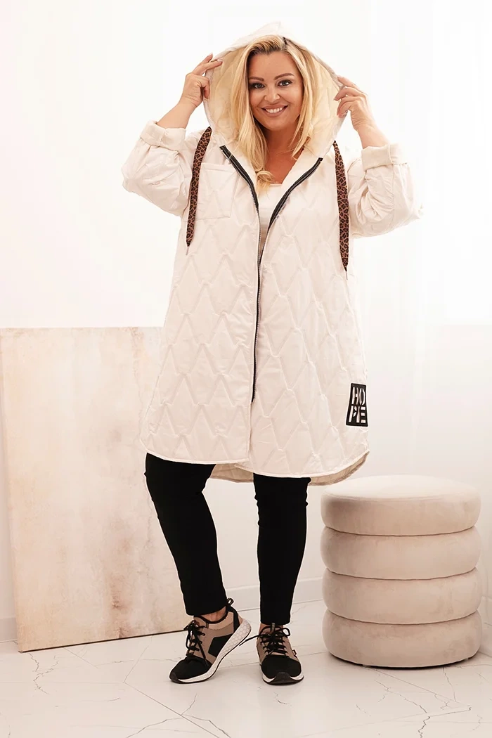 Kesi Włoski Plus Size women's quilted jacket with a hood and the inscription HOPE light beige