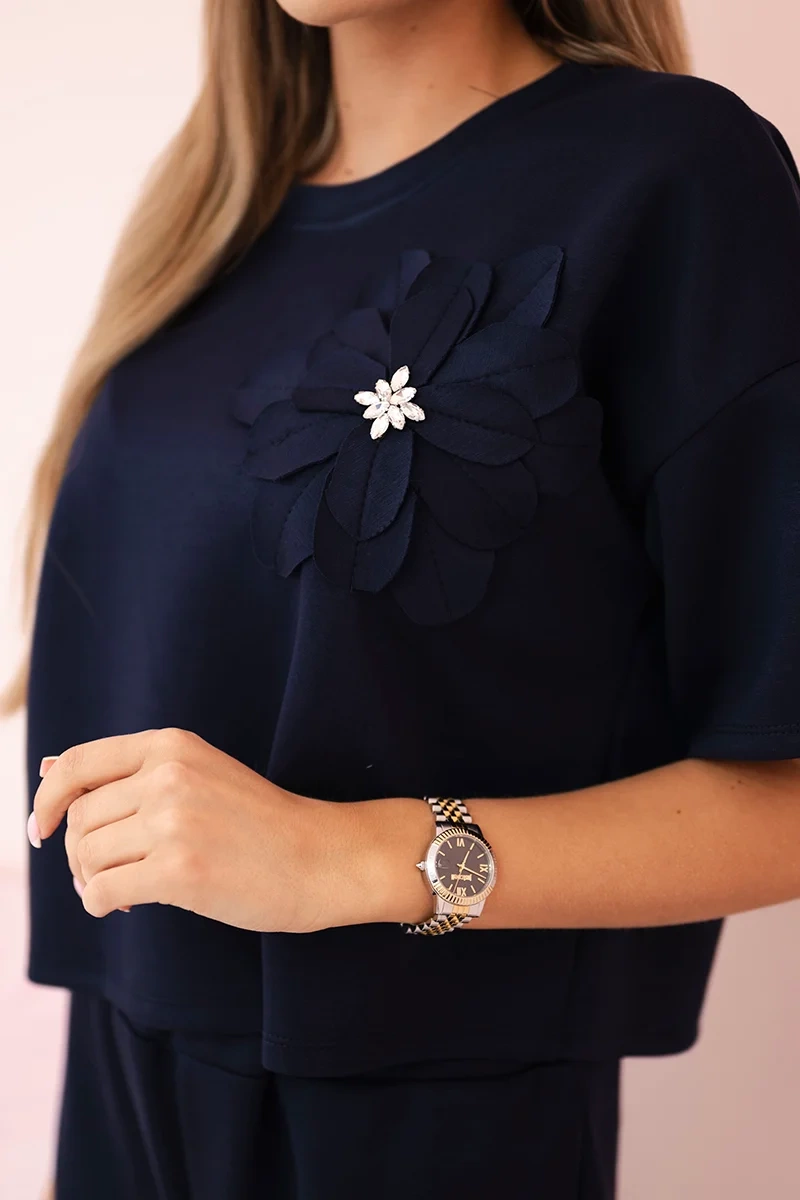 Kesi Włoski Buttery fabric set blouse with a flower + pants navy blue