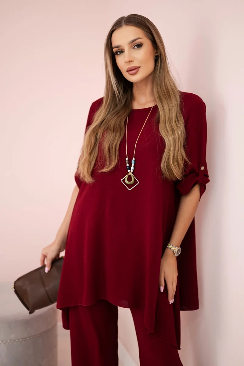 Włoski Set of blouse + pants with pendant burgundy