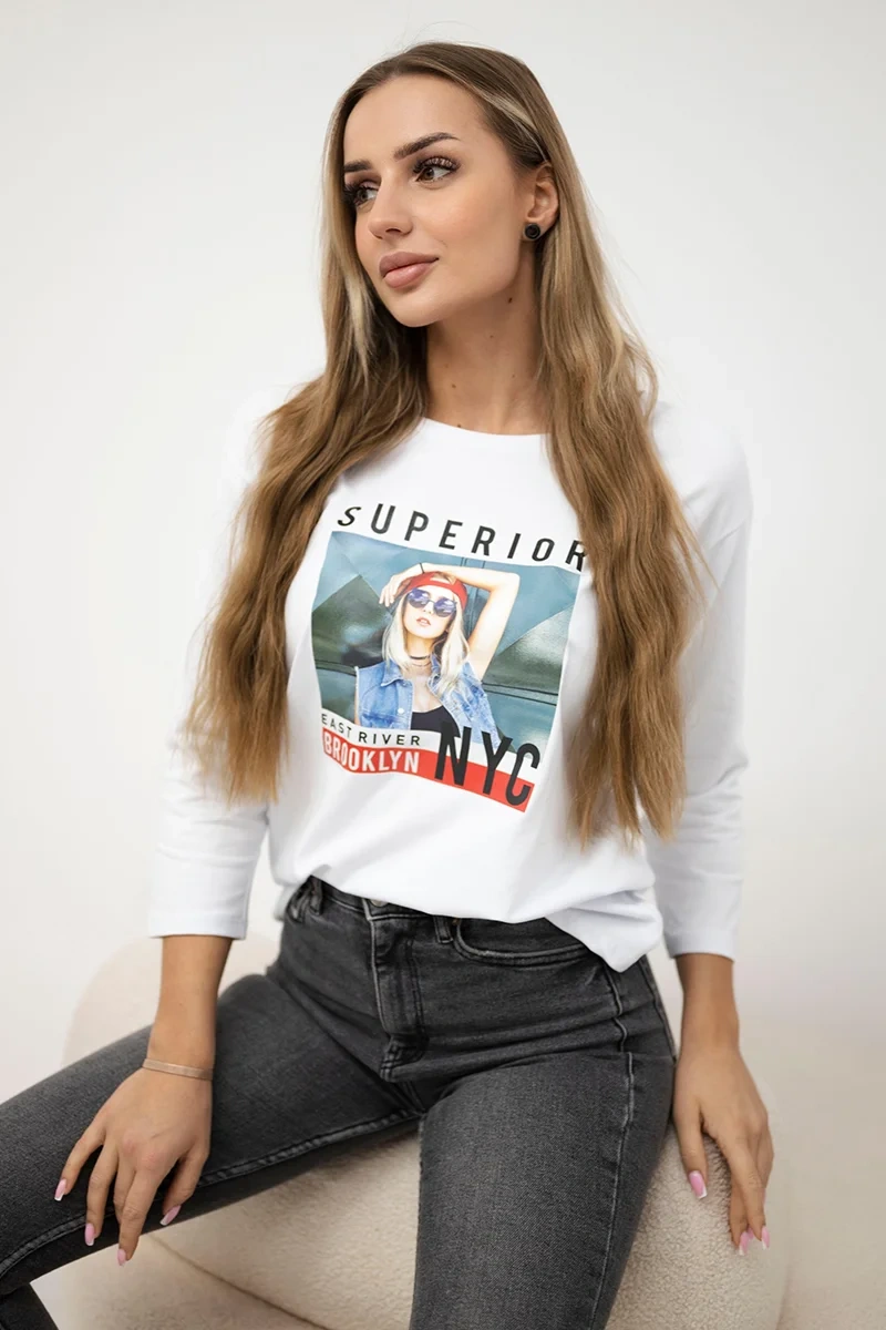 Blouse with Superior print white