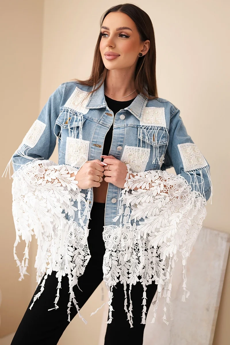 Dámská džínová bunda s krajkou a třásněmi