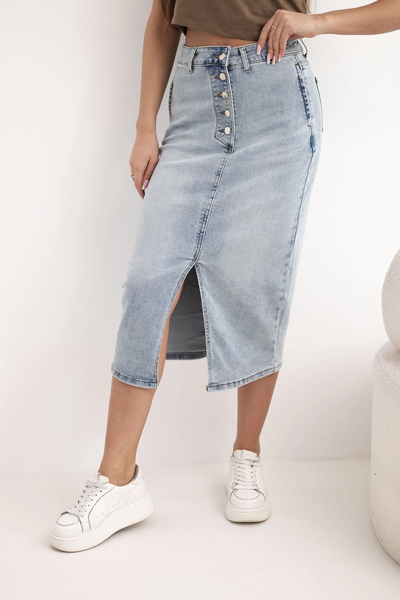 Дамска дънкова миди пола с преден цеп