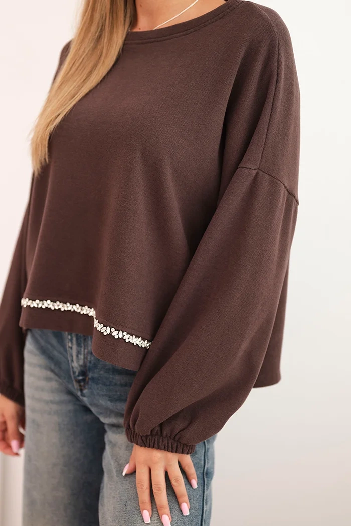 Kesi Włoski Women's sweatshirt with decorative finish at the bottom brown