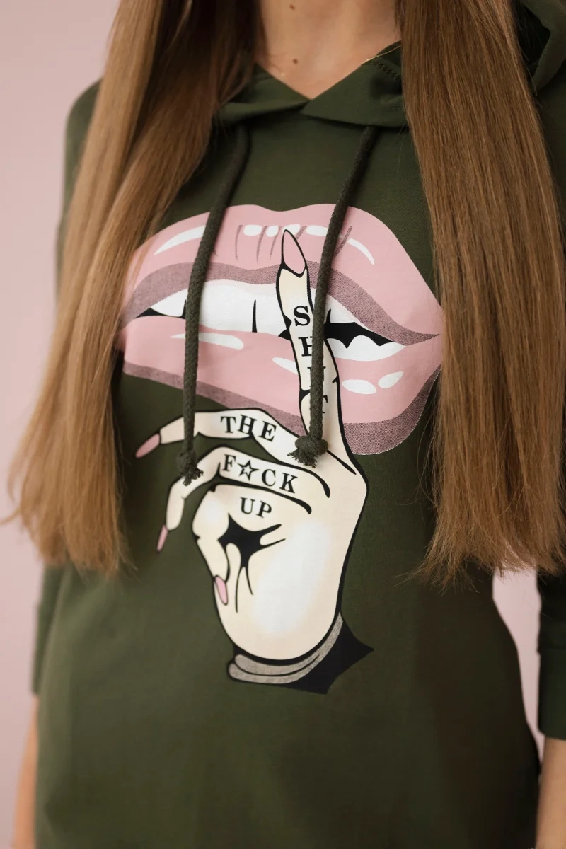 Dress with a longer back and a colorful khaki print