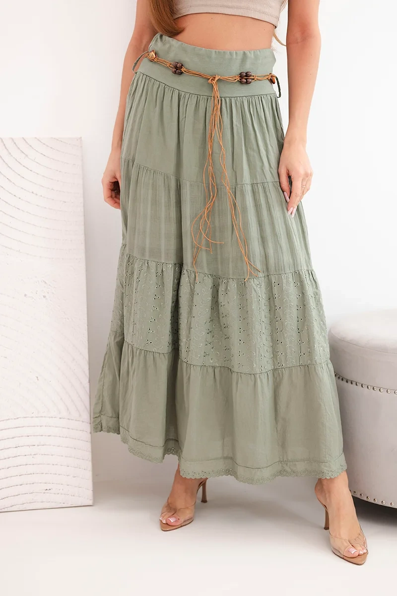 Дамска макси памучна пола с бродерия, каки