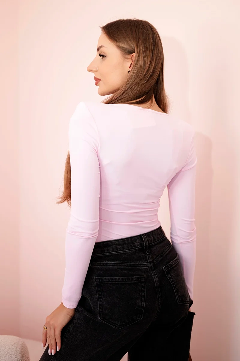 Kesi Włoski Women's long-sleeved bodysuit blouse with ruffles at the neckline candy pink