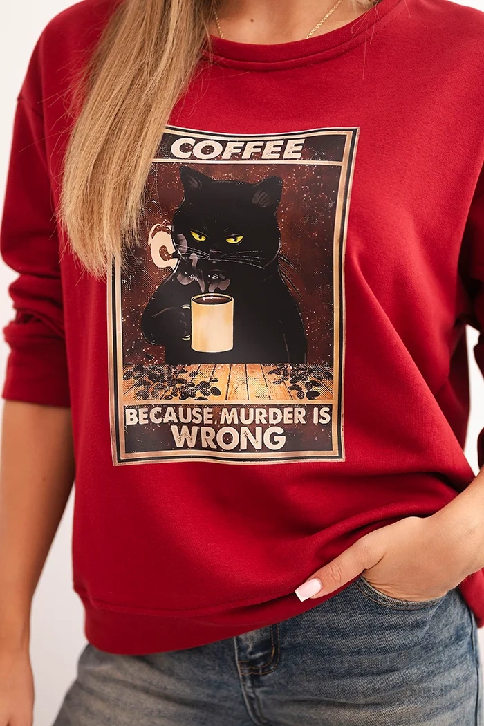 Kesi Włoski Women's cotton sweatshirt with a cat print and text red