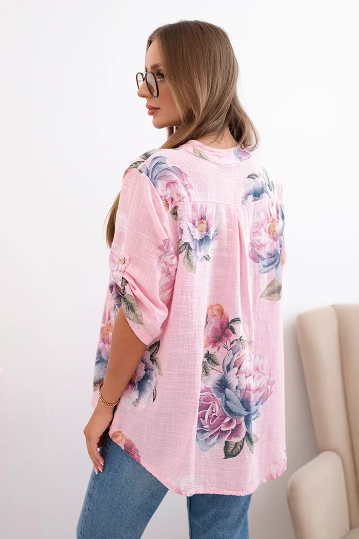 Kesi Włoski Women's cotton blouse with a floral pattern candy pink