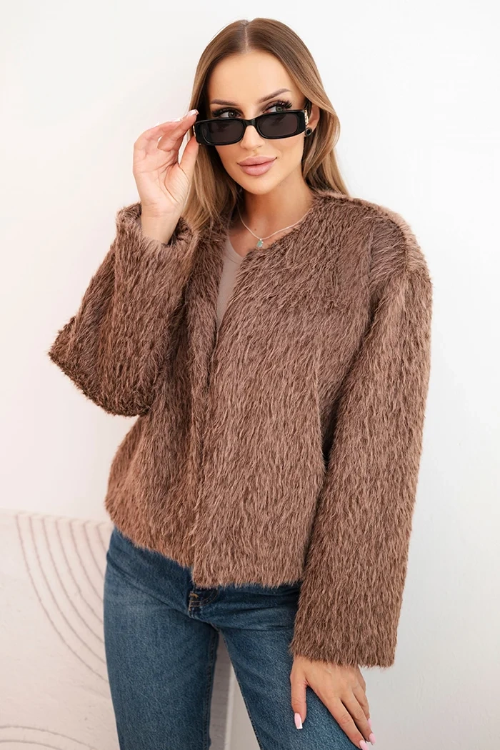 Kesi Włoski Faux fur women's jacket without fastening brown