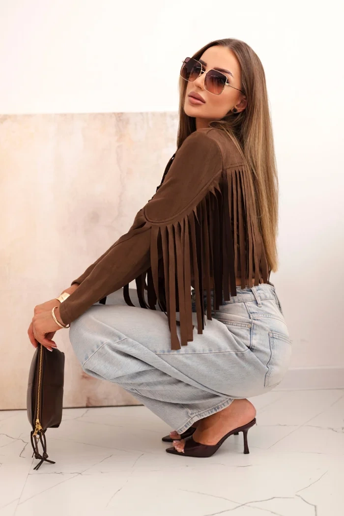 Kesi Włoski Womens suede jacket with fringes brown