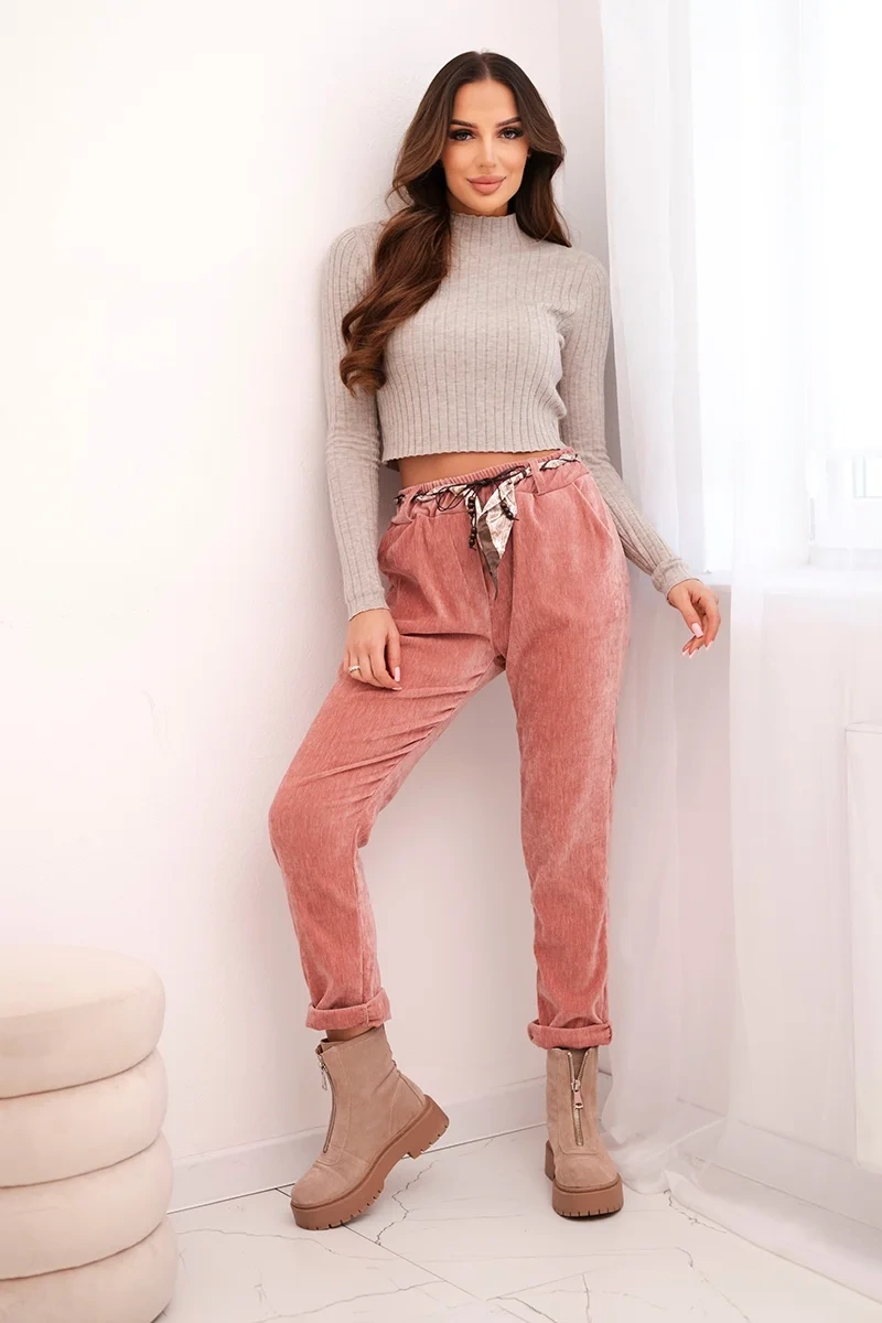 Kesi Włoski Women's viscose pants with a scarf belt dark pink