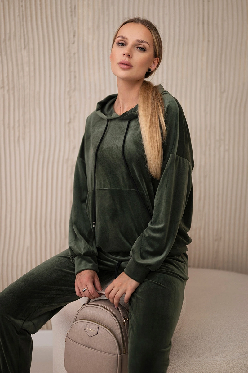 Velurová souprava klokanka mikina + kalhoty khaki